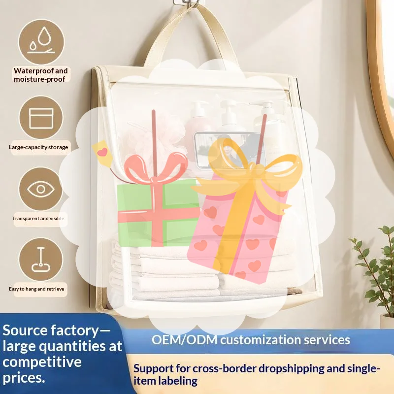 Waterproof Bathroom Hanging Storage Bag Large Capacity With Touch Screen Phone Pocket No Drilling Wall Mount Wet Dry Separation