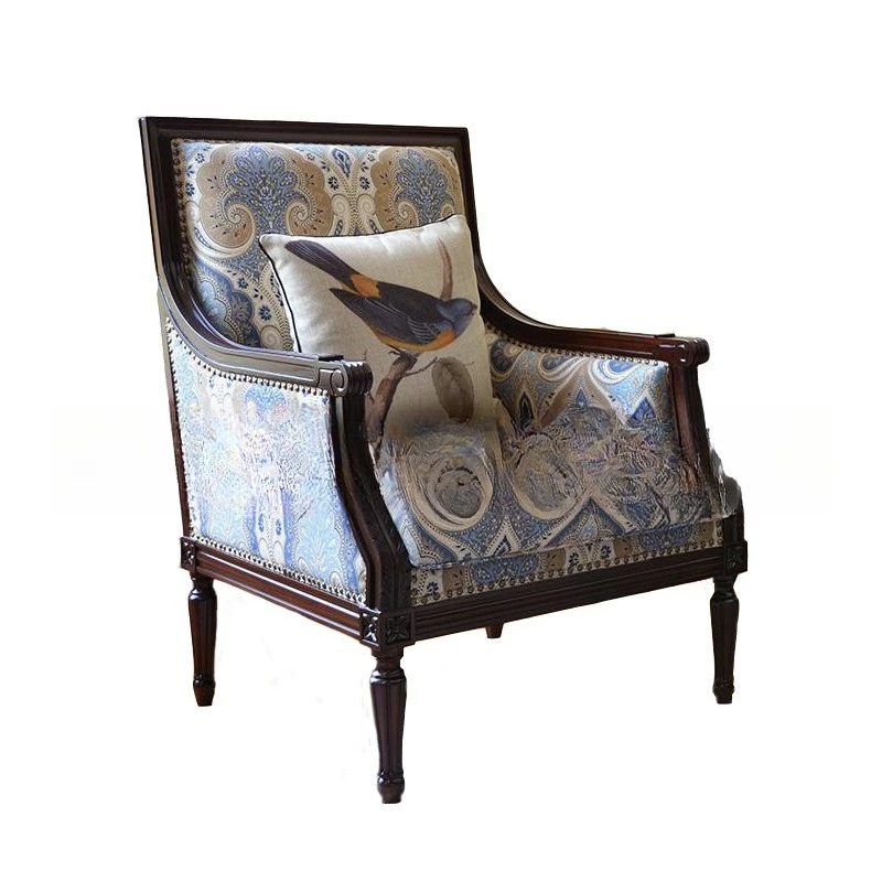 

American solid wood single sofa chair furniture living room carved fabric soft bag leisure hotel negotiation