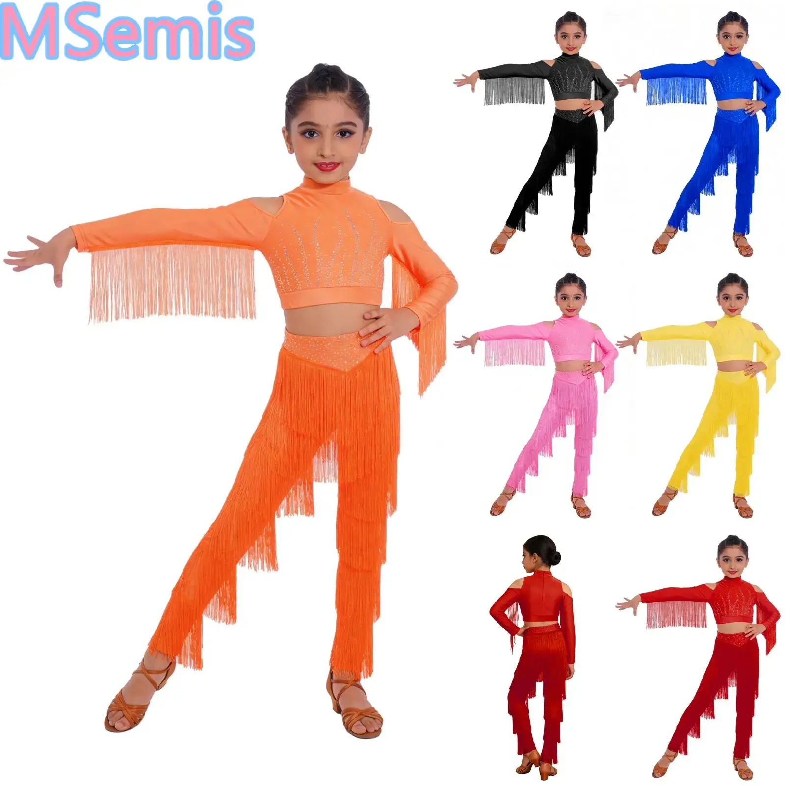 

Детский костюм для латиноамериканских танцев для девочек: укороченный топ с блестящими стразами, невидимой молнией сзади и бахромой, а также брюки с многоярусной бахромой и поясом.