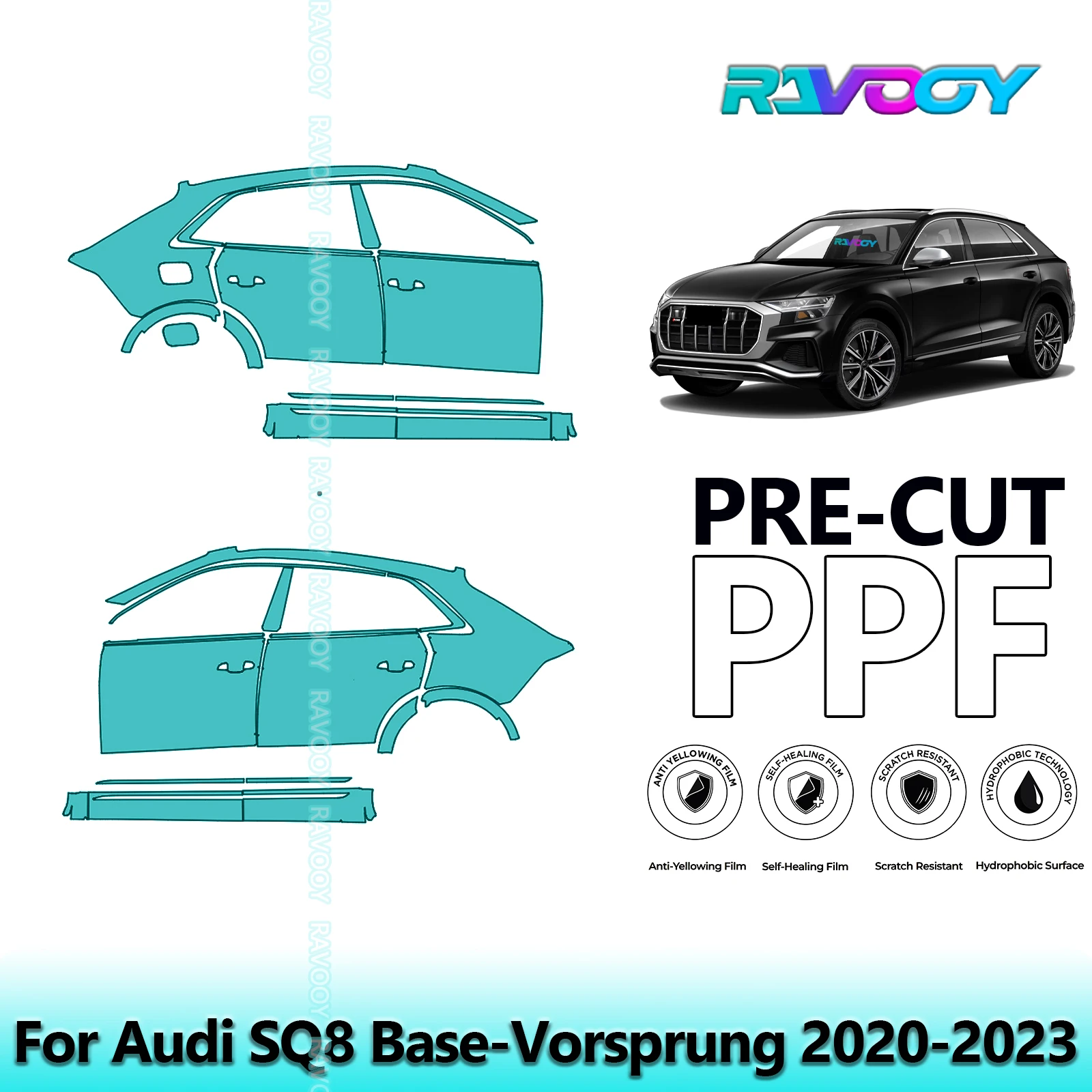 

For Audi SQ8 Base-Vorsprung 2020-2023 8.5mil Clear Matte Pre-Cut PPF Door & A/B Pillar Kit TPU Paint Protection Film Set