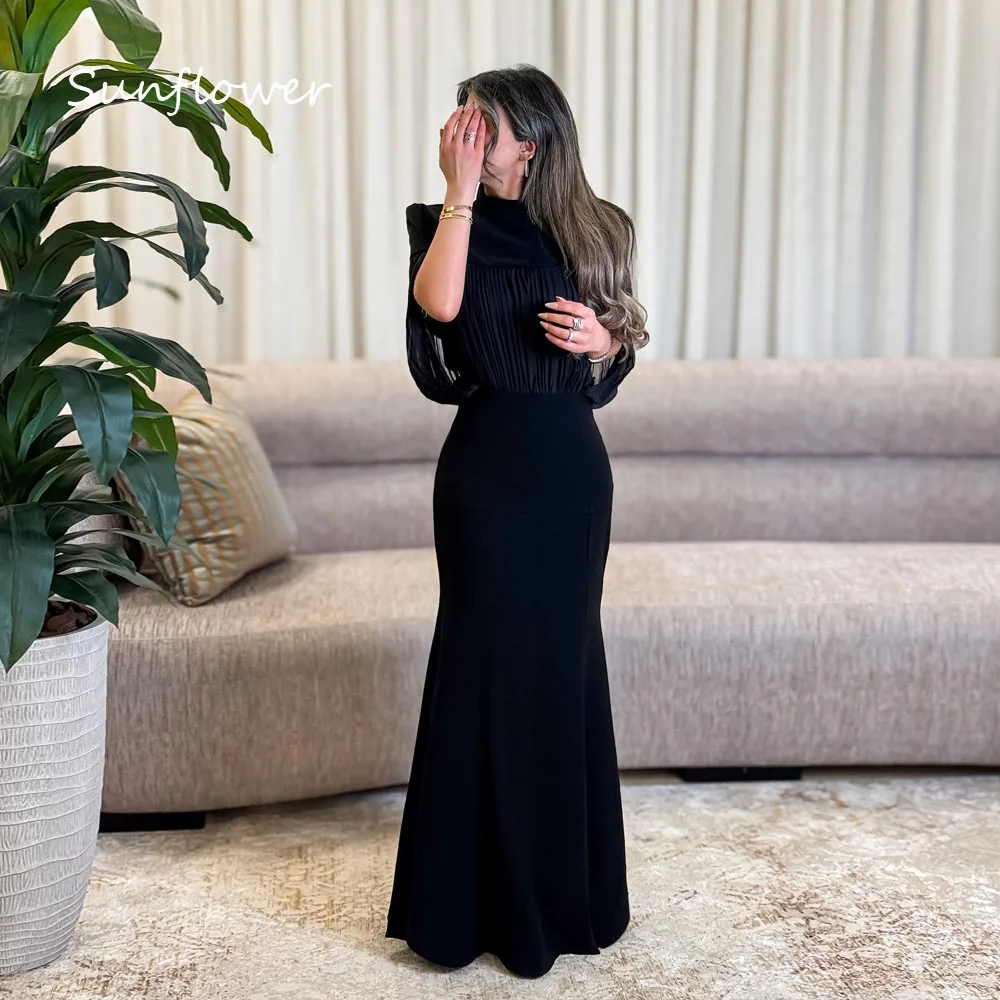 

Sunflower Customized Black Crepe Evening Dress High Neck Chiffon Half Sleeves Prom Dress Mermaid Floor-Length Occasion Dress