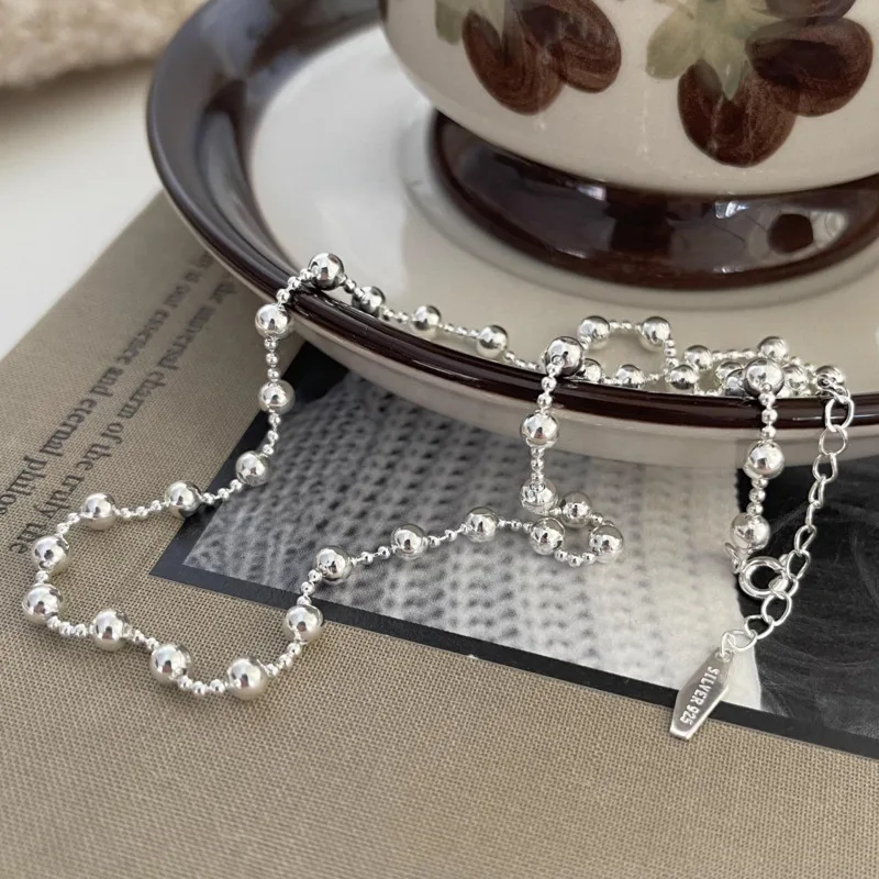 S'STEEL 925 Silver Sterling Round Bead Simple Chokers Chains Necklaces Women's Korean Vintage Engagement Acessorios Jewellery