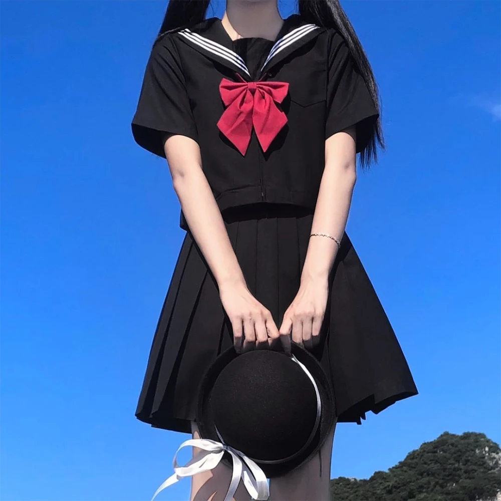 Japanese School Uniform Girl Jk Suits S-8XL Plus Size White Two Black Three Line Basic Sailor Summer Sexy Pleated Skirt Women