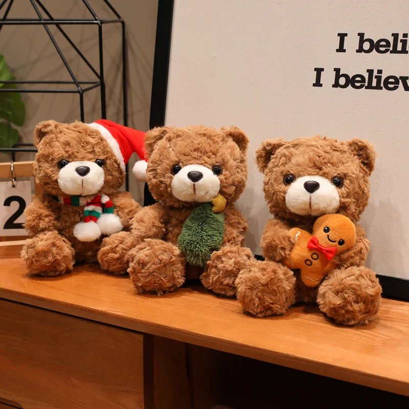 Kawaii Christmas Teddy Bear Plush Doll Bear Holding Gingerbread Man Happy Xmas Bear Plush Toy Party Decoration Gift