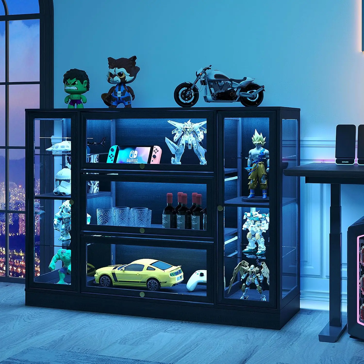 Display Cabinet with Acrylic Glass Doors,Extra Wide Curio Cabinet with LED Lighting for Collectibles, Collectibles Toy Organizer