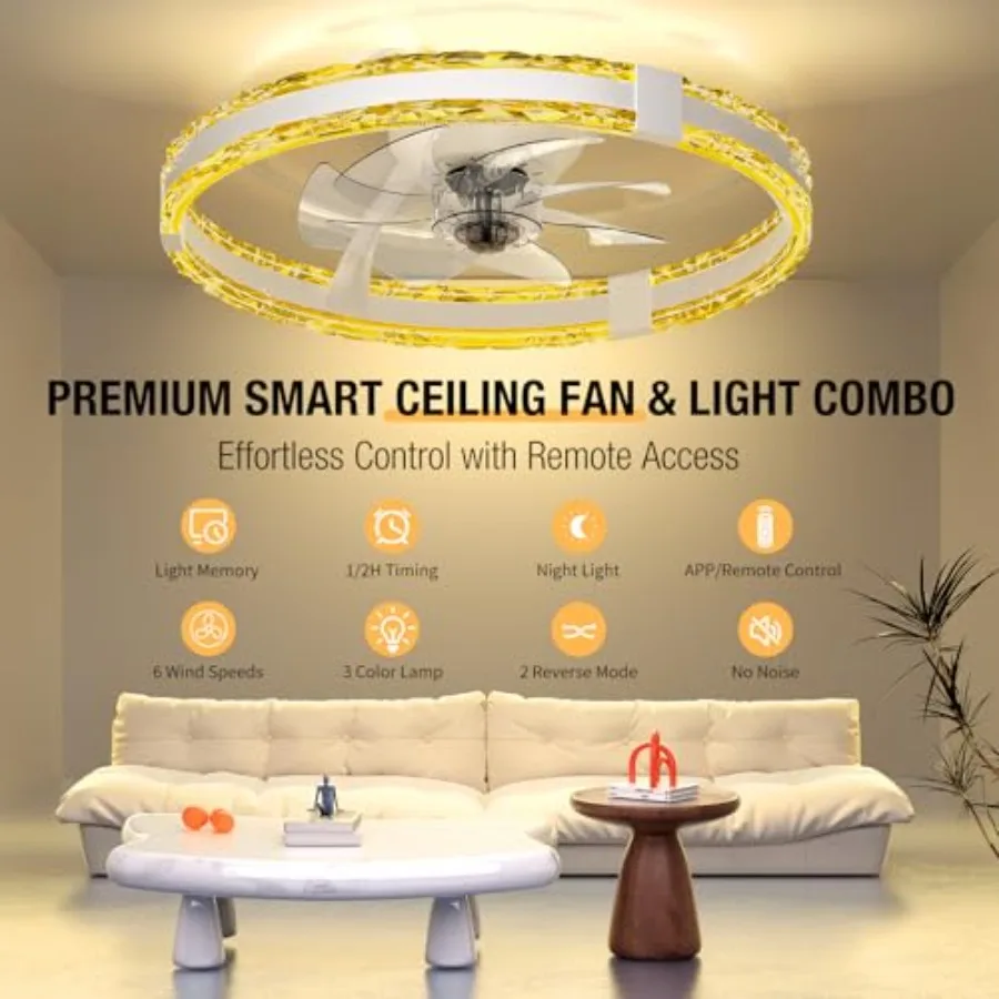 Ceiling Fans with Lights and Remote, 20'' Low Profile Flush Mount Ceiling Fan with 6 Speeds and 3 Color Temperature, 3000-6500K