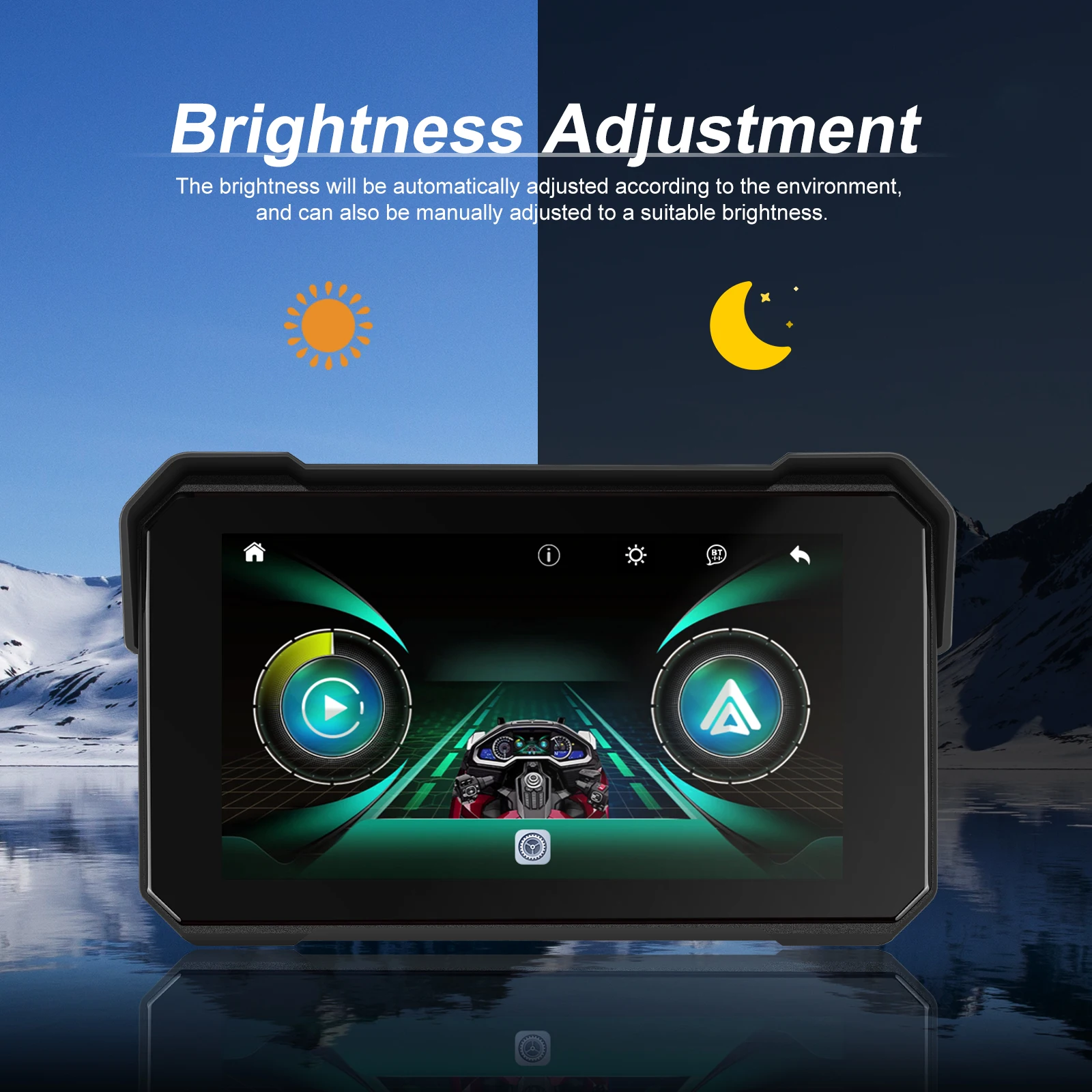 Podofo 5'' IPS-Bildschirm, kabelloser Carplay-Motorradmonitor, GPS-Navigation, Android Auto, tragbarer Smart-Player, IP68 wasserdicht, tragbarer On-Board-Bildschirm für den Fahrgebrauch – Detail 5