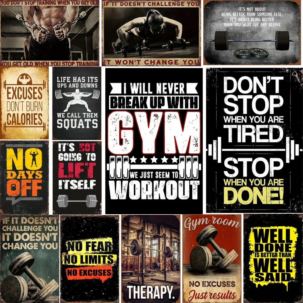 Gym retro metal sign fitness dumbbell wall decoration suitable for gyms and clubs