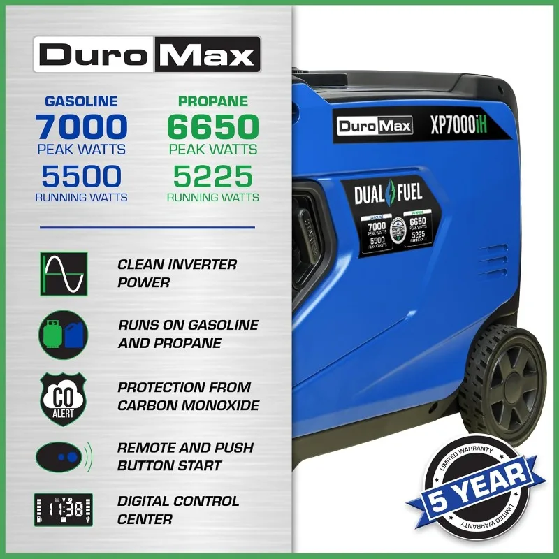 DuroMax XP7000iH 7,000-Watt 320cc Dual Fuel Digital Inverter Hybrid Portable Generator