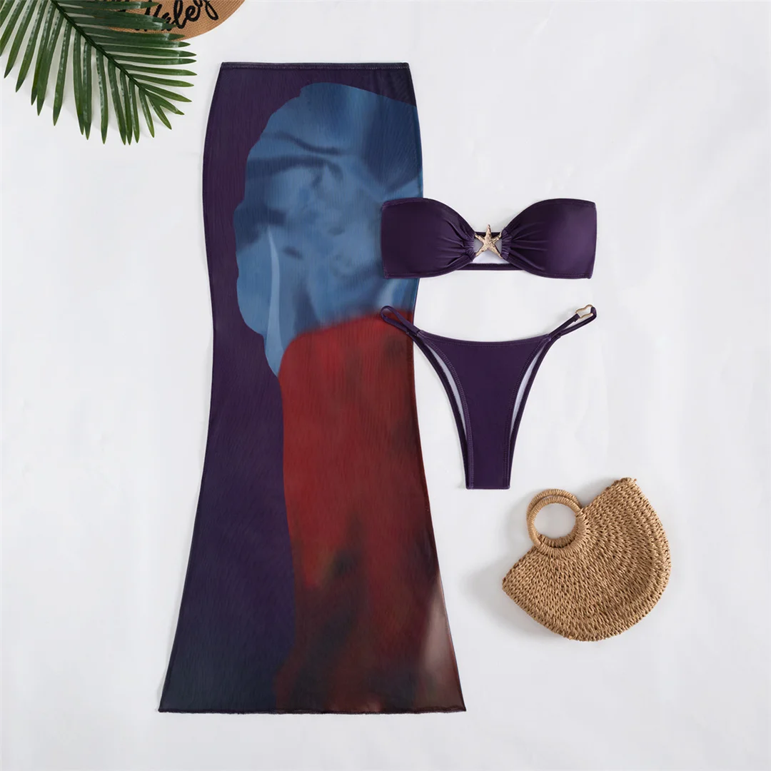 Neu mit Rock, Bandeau-Oberteil, hohem Beinausschnitt, Damen-Badeanzug, Bikini, dreiteiliges Bikini-Set, Badebekleidung, Badeanzug, Schwimmanzug V7184 – Detail 2
