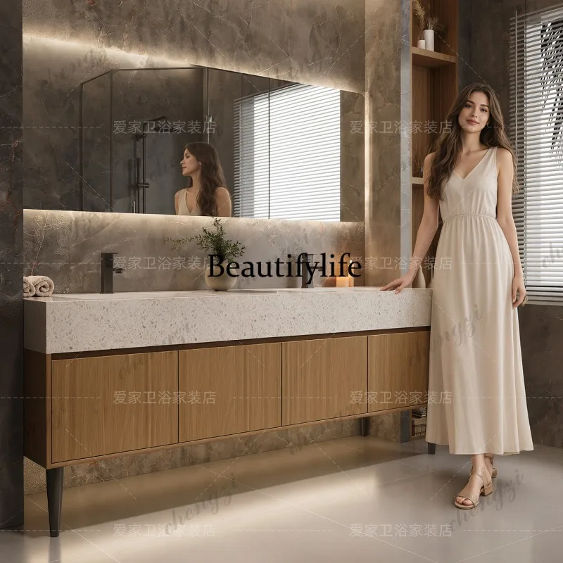 Log wind quartz stone double basin bathroom cabinet integrated basin toilet floor-to-ceiling washbasin cabinet public washbasin