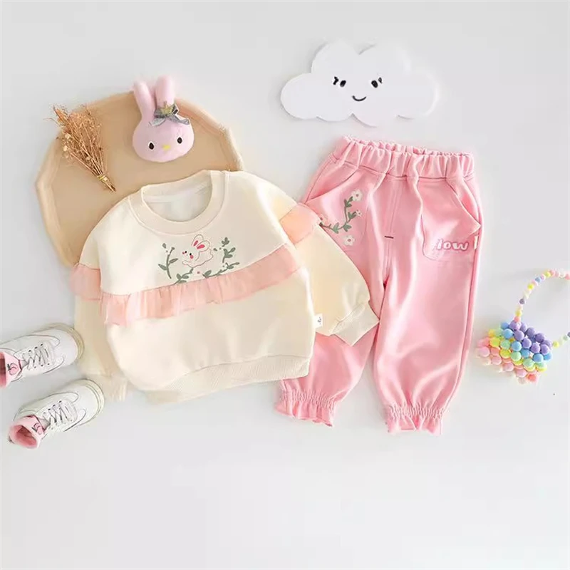 Baby Girls T Shirt Pants 2 Piece Suit Children Clothing Sets Cartoon Rabbit Lace Infant Clothes Outfits Kids Princess Costumes