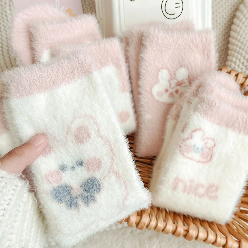 Sweet Pink Rabbits Bowknot Imitation Mink Socks Winter Plush Warm Home Sleeping Socks Ins Japanese Cartoon Cute Furry Tube Socks