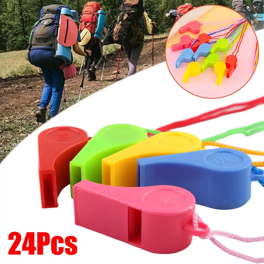 

24Pcs Random Color Whistle Plastic Cheerleading Cheering Whistle Judge Whistle Protable Outdoor Emergency Whistle