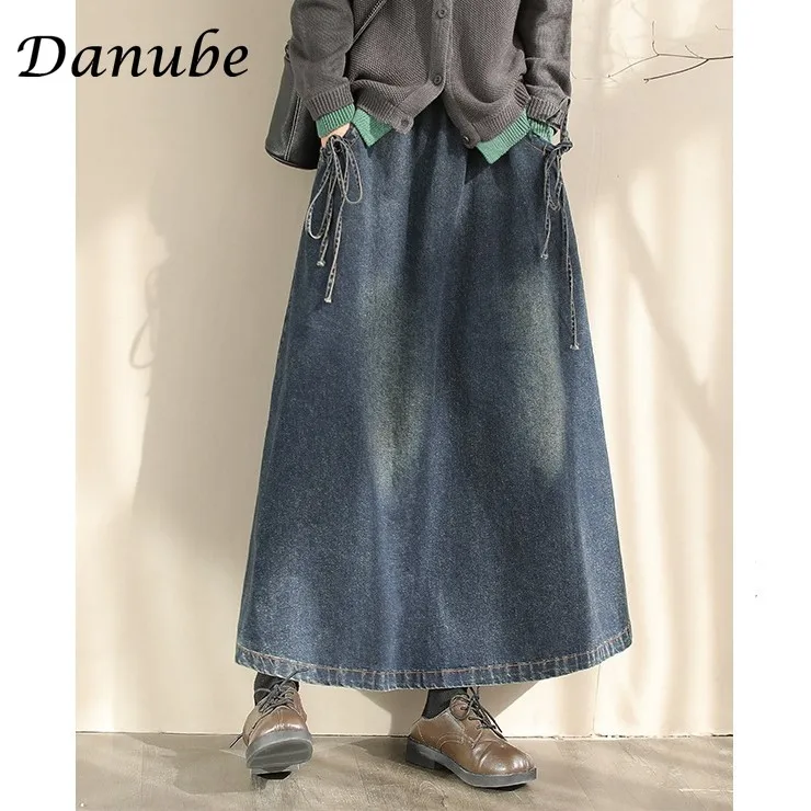 Vintage Blue Denim Skirts Women Harajuku Casual High Waist Cargo Split Jean Skirts Summer Japanese Lace-up Pockets A-linen Skirt