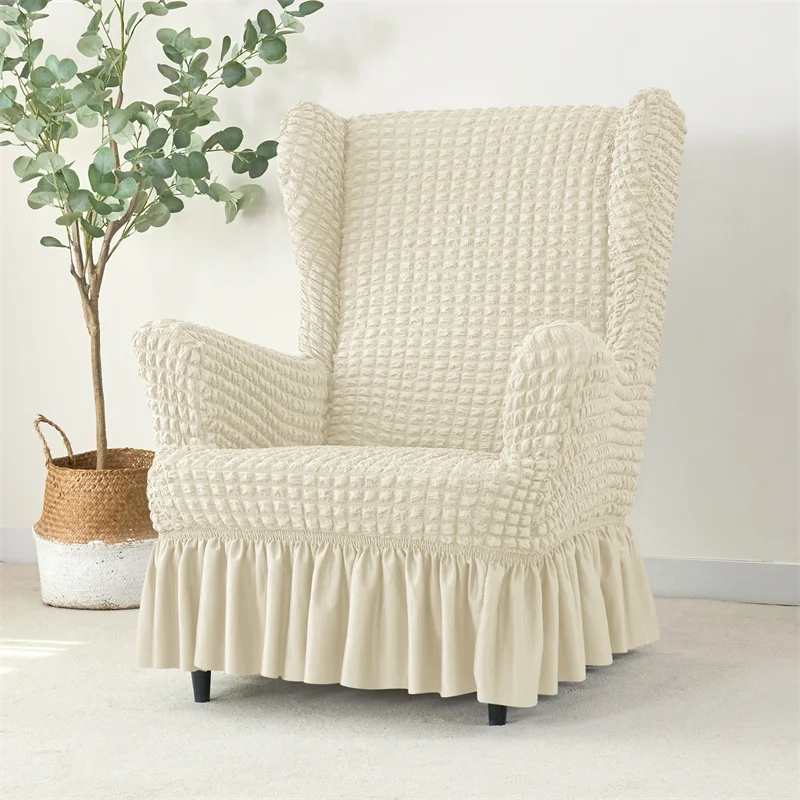 1pc Solid Color Wing Chair Cover Seersucker King Armchair Slipcover Stretch Wingback Sofa Covers with Skirt Modern Home Decor