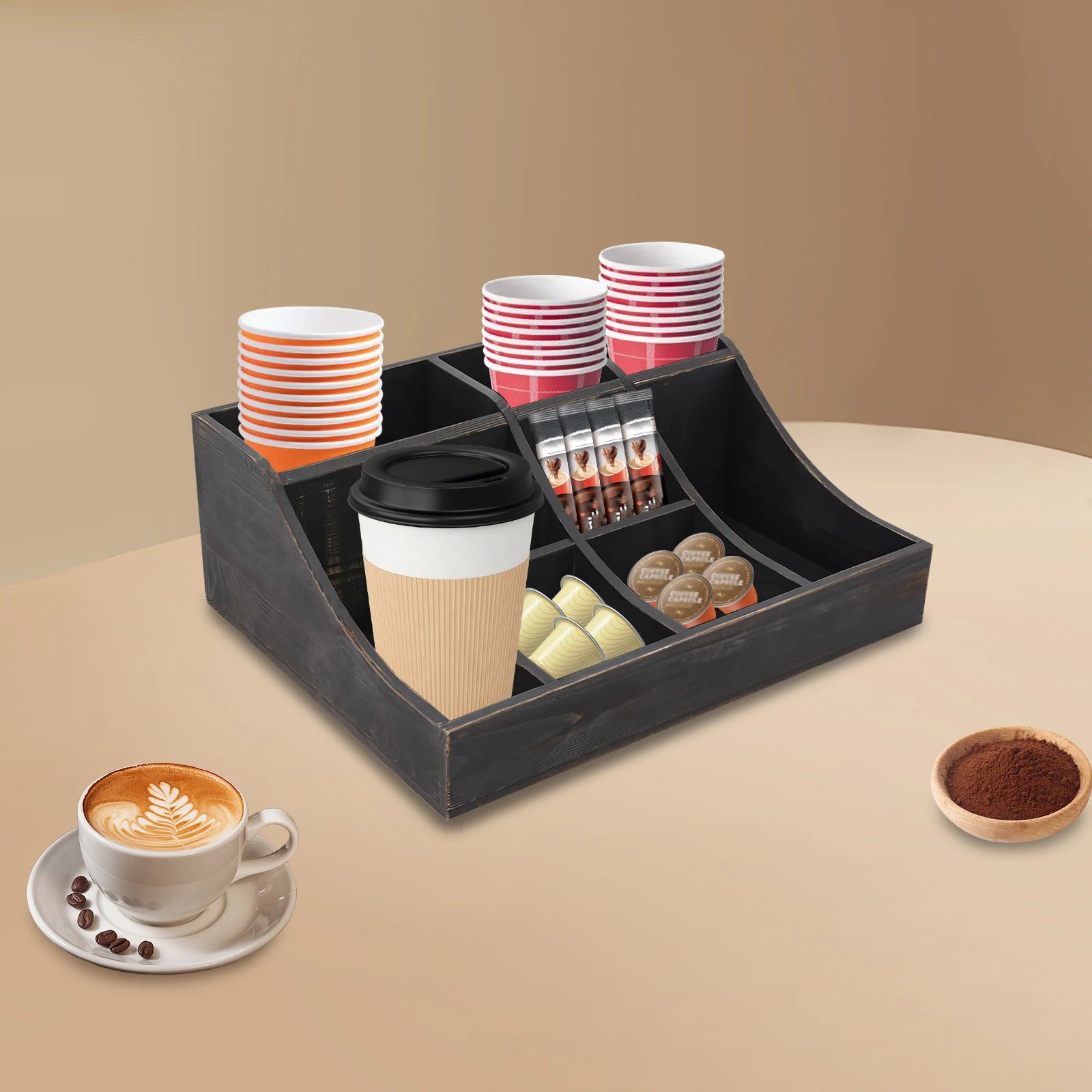 

Прочный деревянный органайзер для специй на 9 слотов, кухонная столешница с античной черной отделкой для хранения специй, чая, кофе и приправ