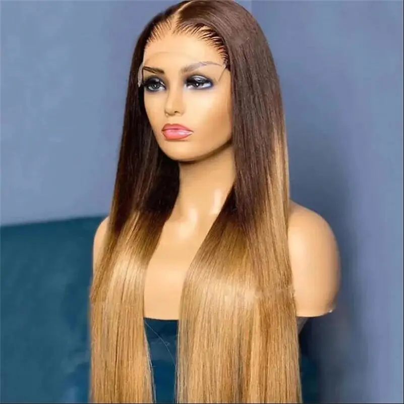 

Soft 26“ Long 180%Density Ombre Blonde Brown Straight Lace Front Wig For Black Women BabyHair Preplucked Heat Resistant Daily
