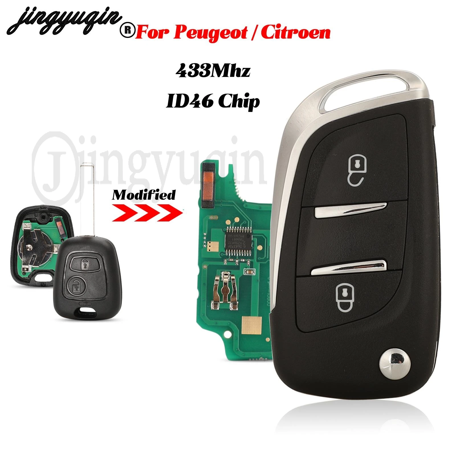 

jingyuqin Upgrade 2 Buttons For Peugeot 307 Citroen C3 Fob Smart Remote Car Key 433Mhz ID46 Chip Uncut HU83/VA2 Blade