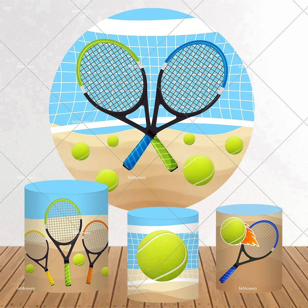 Tennis Sports Round Backdrop Kids Adult Birthday Party Decoration Bright Green Tennis And Racket Circle Background Plinth Cover