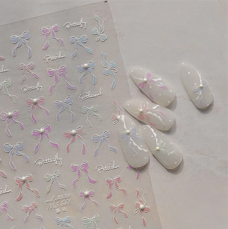 カラフルなちょう結びパールクリスタルラインストーン光沢のある弓シルクリボンノット 5D ネイルアートステッカー自己粘着装飾マニキュアデカール