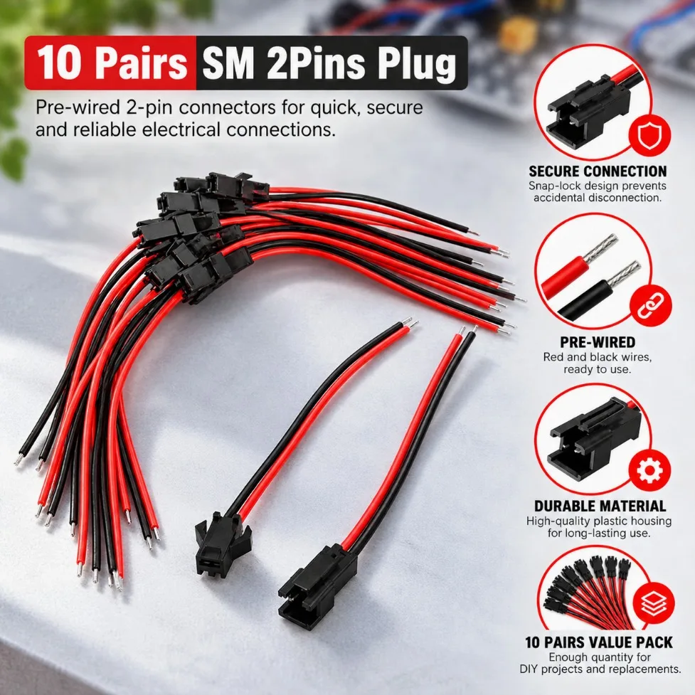 2 Pin SM Male Female Terminal Wire Connector 100mm 10Pairs Wholesale Plug Terminal for LED Strip Downlight Ceiling Lamp Lighting