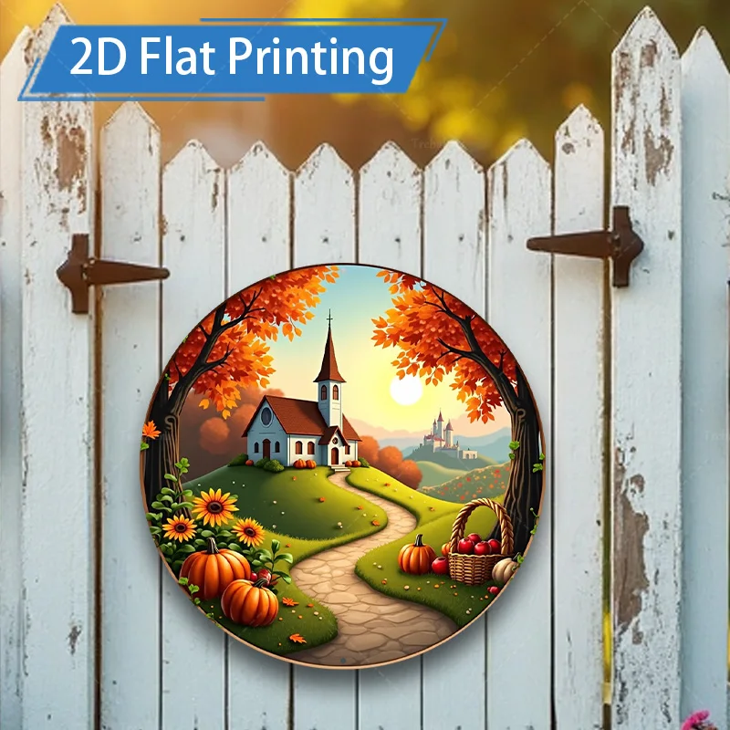 

[2D FLAT] 1 шт. металлический знак, 8x8 дюймов осенняя церковная сцена 2D плоский принт металлический настенный художественный декор