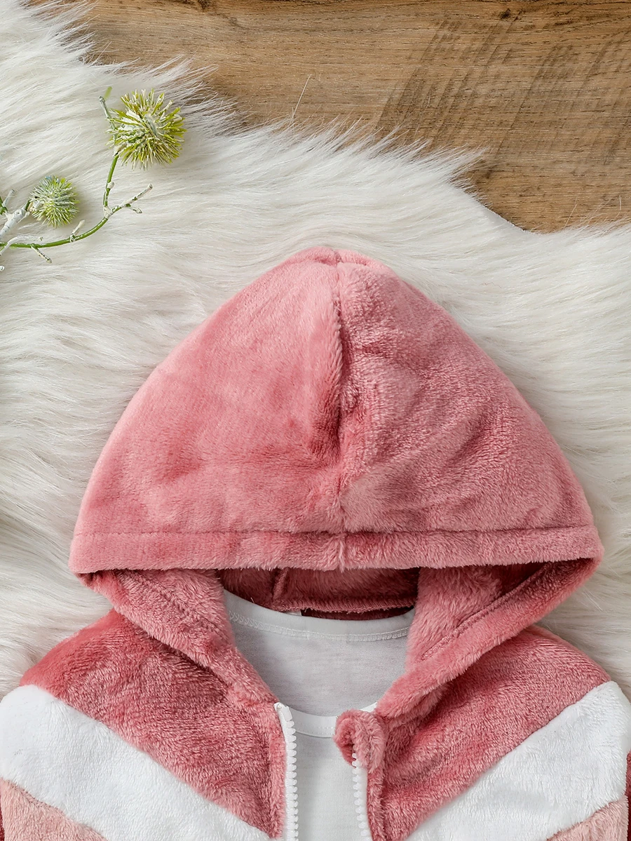 One piece Baby Gilrs Long Sleeve PATCHWORK Hooded Zipper Plush  Fall/ Winter Streetwear Coat 3M-3Y