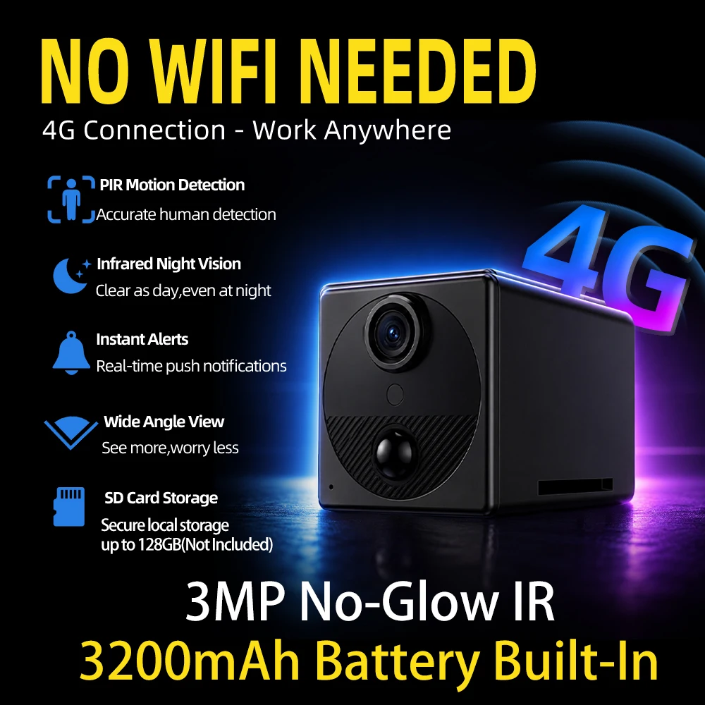 Built-in EU 4G Sim Card Portable Battery Security 3MP Indoor PIR Motion Detection 940NM Infrared Camera UboxPro APP Remote View