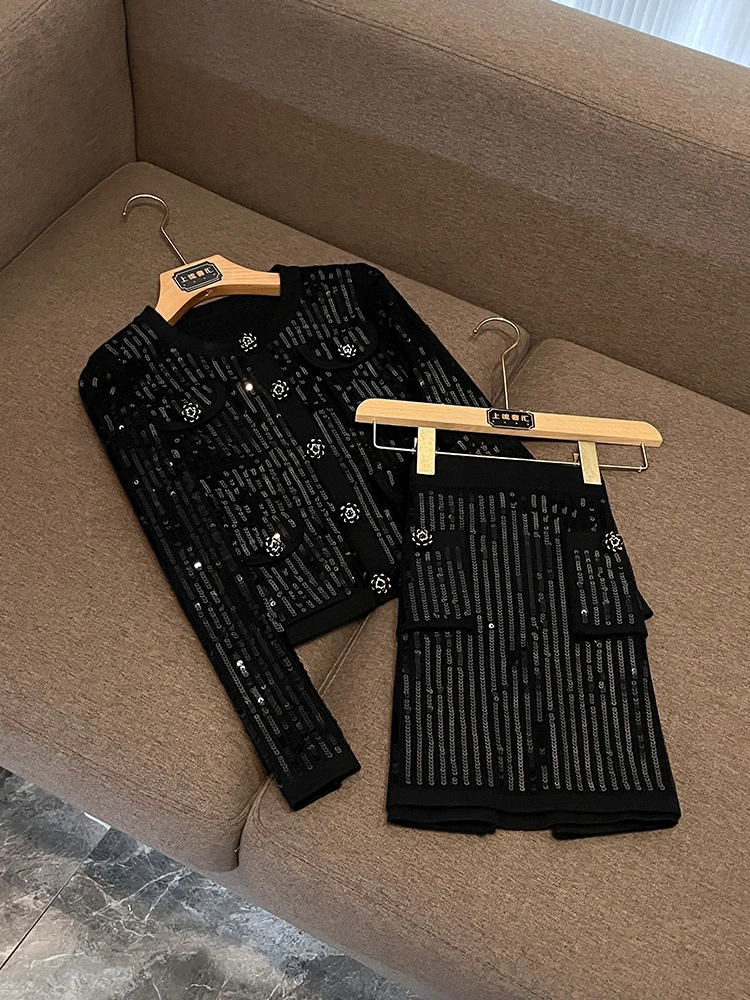 

High Quali 2025 New Heavyweight iny Knitted Top Coat f-length Skirt Set Faionable Retro Sle Women's Ensemble