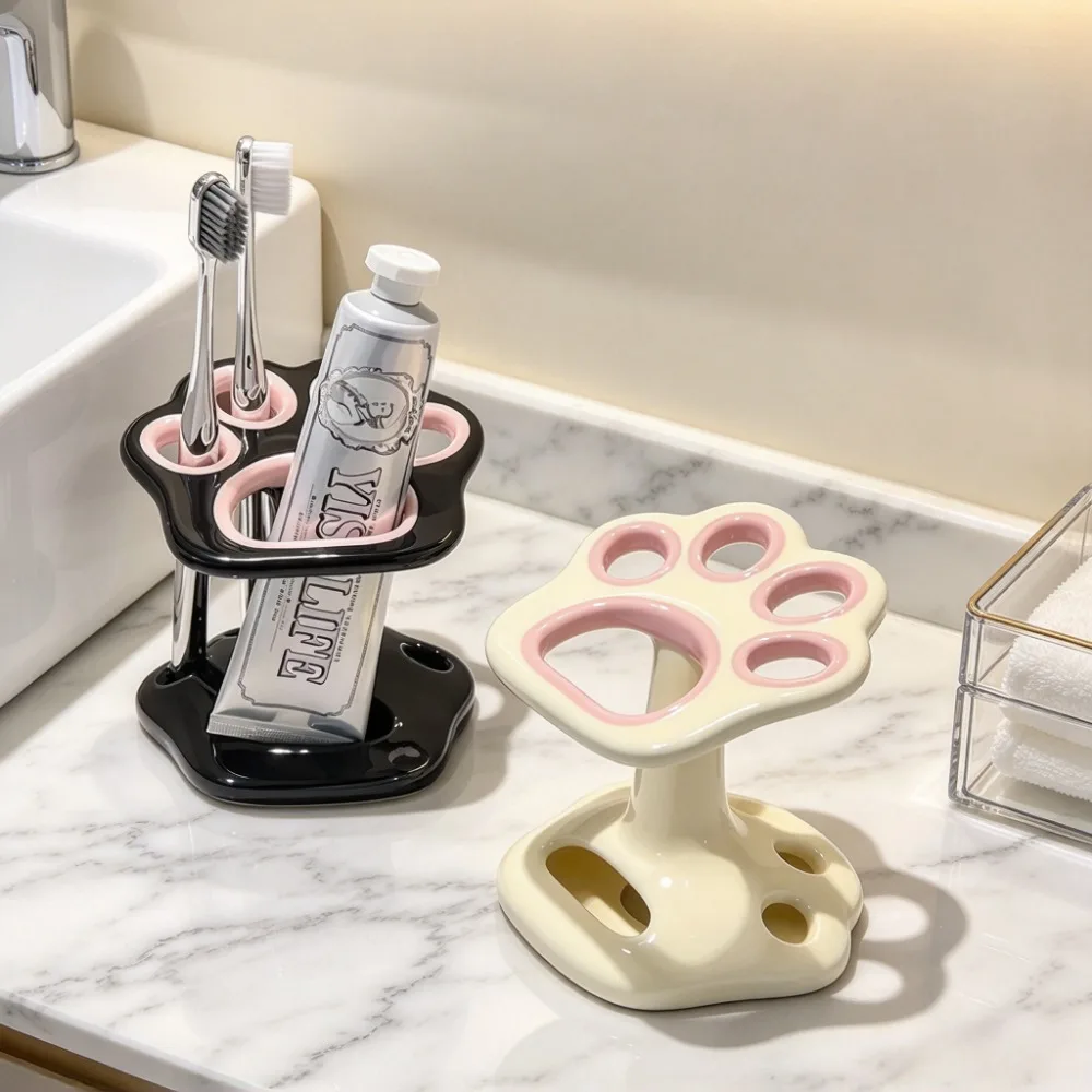 Cat Paw Ceramic Toothbrush Holder Cute No Punching Bathroom Organizer Makeup Brush Storage Stand Home Accessories