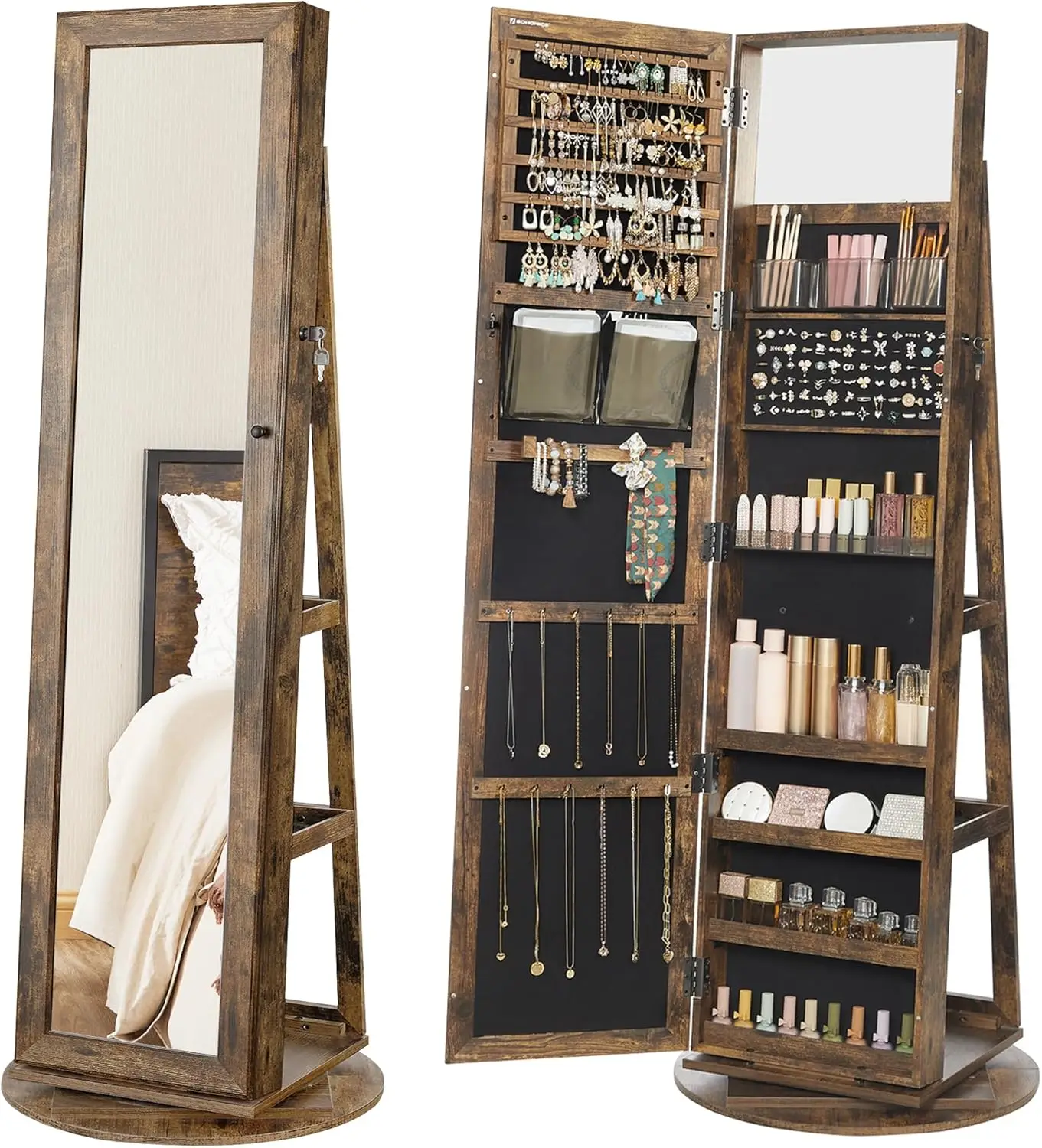 

360 ° Вращающийся шкаф для украшений с зеркалом в полный рост, запираемый органайзер, цвет рустик-коричневый – идеальная идея для подарка