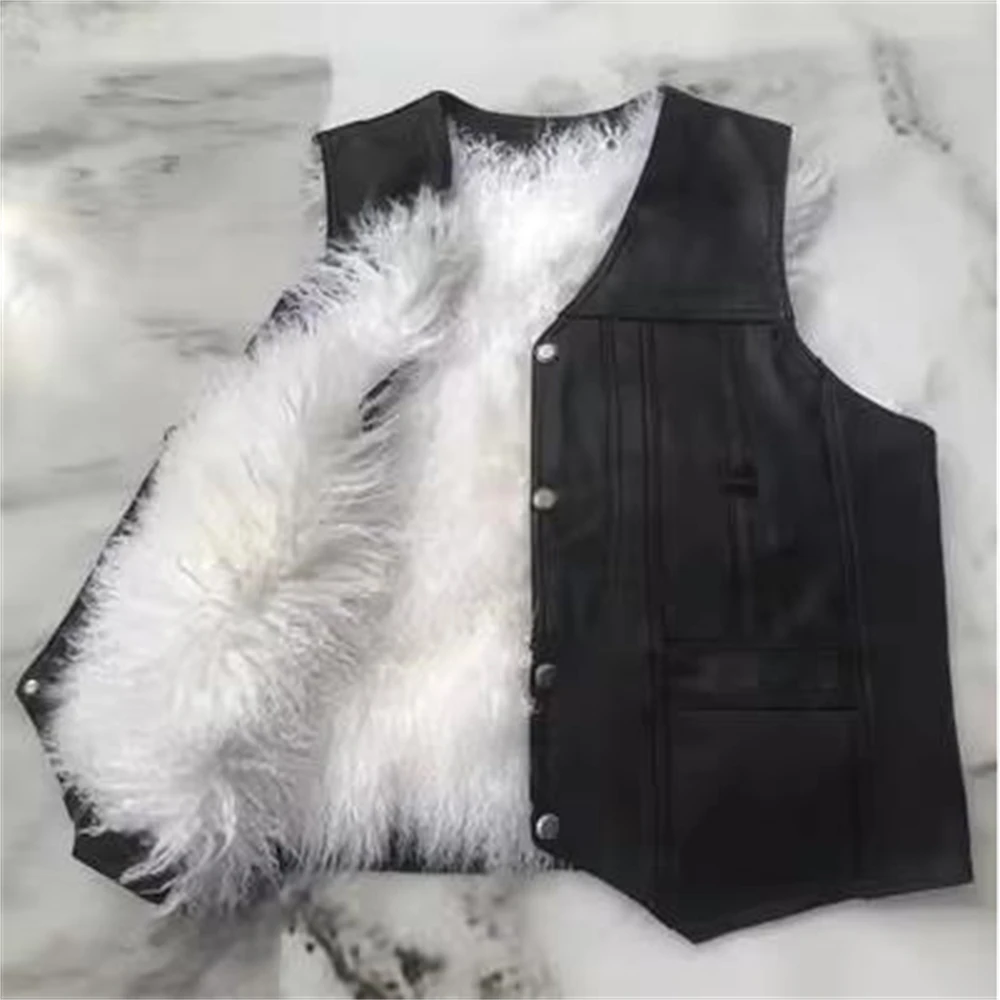 Men's V-Neck Black Single Breasted Thick Fur Vest 100% Sheepskin Fur Vest Warm Autumn Winter Hot Sale