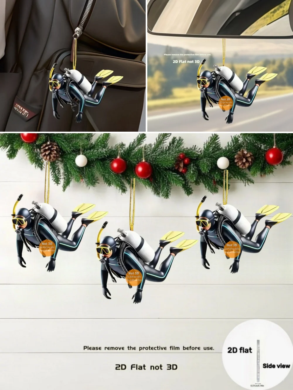 Porte-clés pendentif pour passionné de plongée, thème plongeur, ornement plat en acrylique 2D, breloque, décoration suspendue pour sac de voiture, cadeau de fête Festive