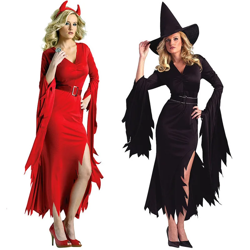Long Asymmetrical Witch Devil Costume Role-plang loween Witch Outfit Night Ghost Game orm Polyester Material