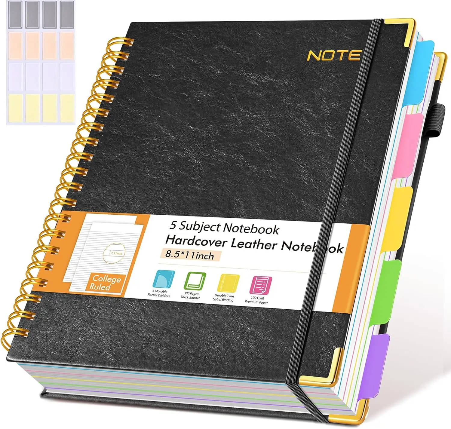 

A4 Leather 5-Subject Notebook, 300 Pages, College Ruled, Black