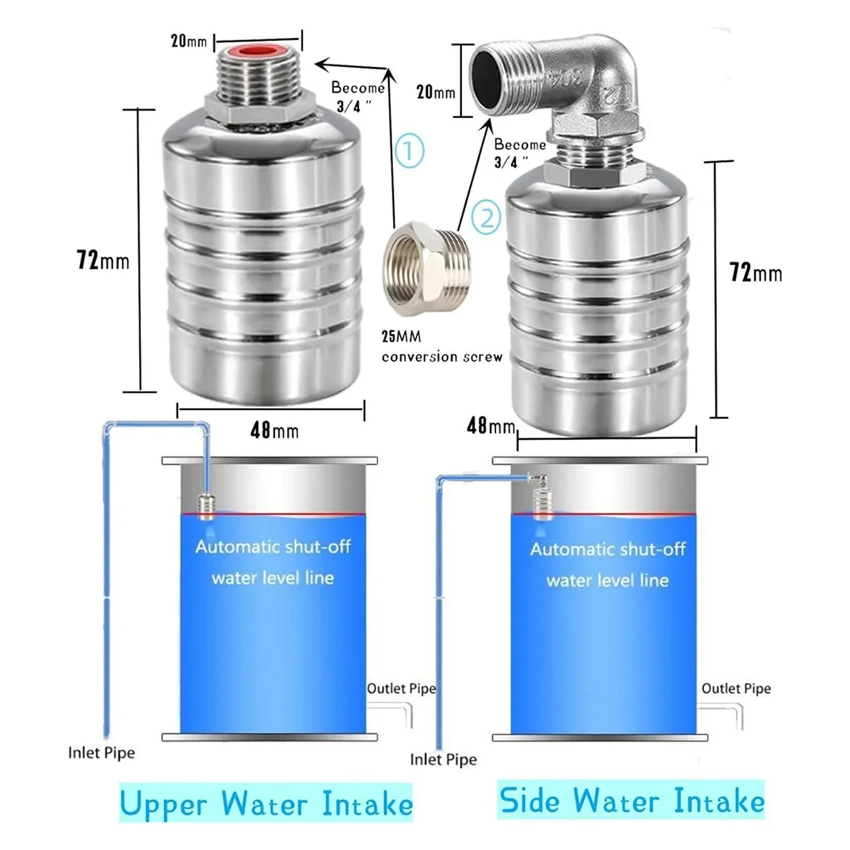 

YHYS 2 Pack 1/2inch 3/4inch Auto Fill Shut Off Water Tank Float Valve, 304 Stainless Steel Water Level Control Valve