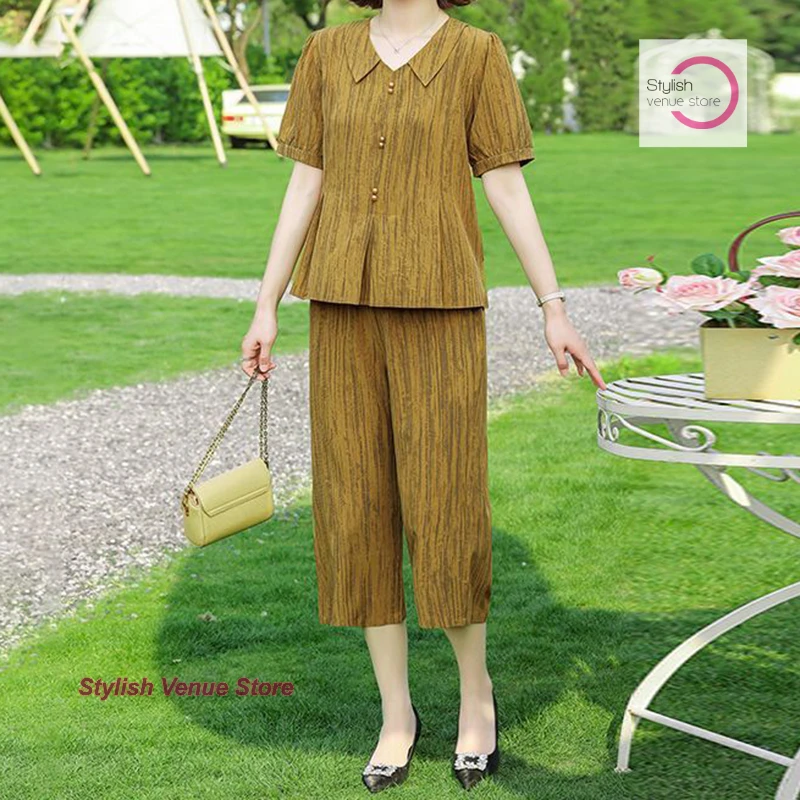 

French plus size summer mother style printed wood grain retro shirt short sleeve two-piece fashion slim temperament suit.
