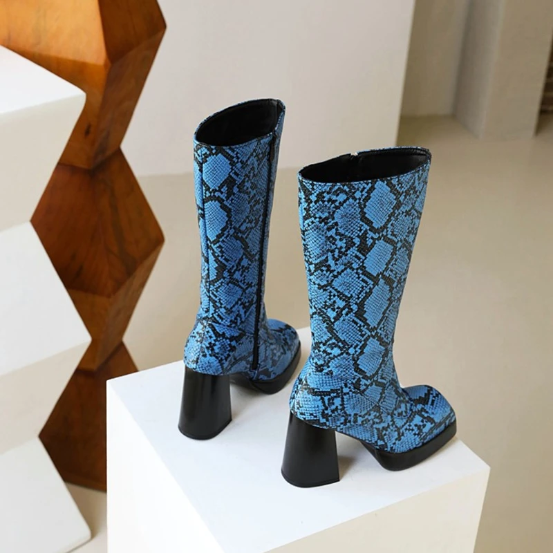 REAVE CAT Platform Mid-Calf Boots Toe Chunky Heels Snakeskin Leather Big Size 32-48 Blue S2753