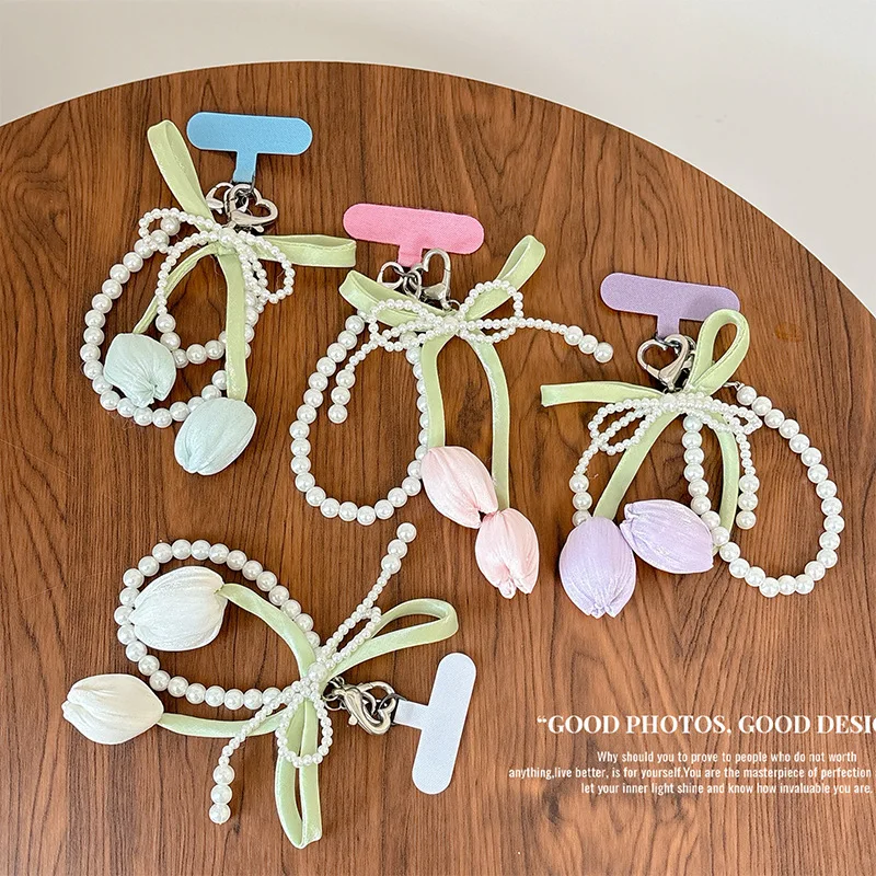 

Новый ремешок для телефона-тюльпана с жемчужным бантом, противоударный ремешок для телефона, подвеска, эстетическая сумка, очаровательные милые аксессуары для телефонов