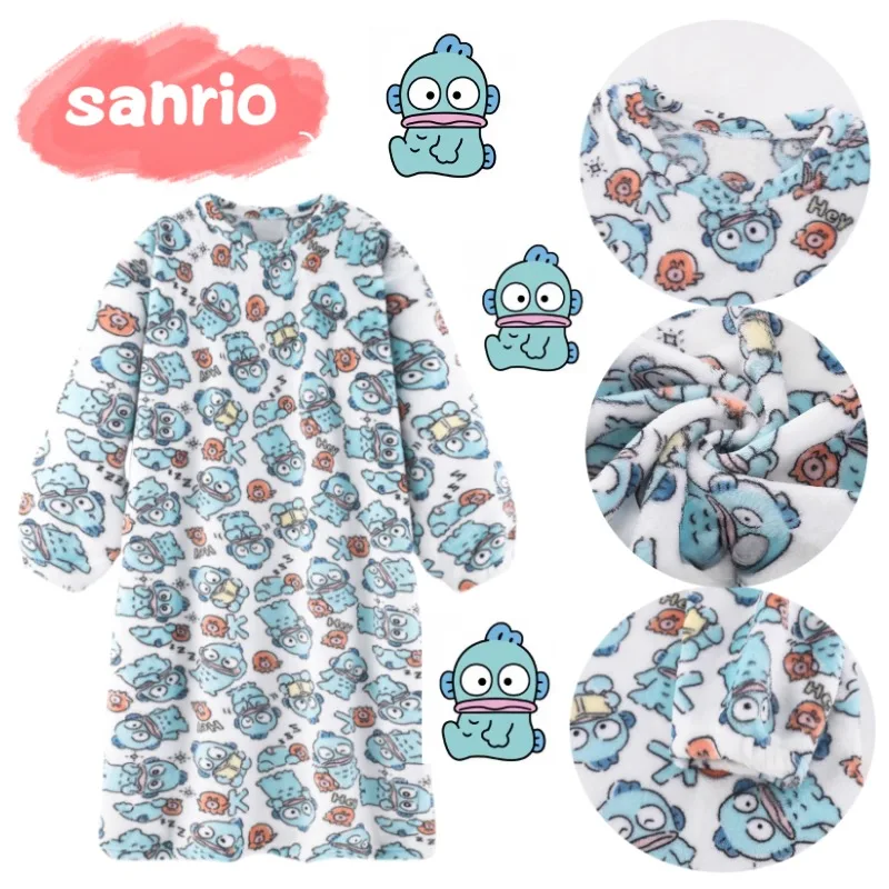 

Sanrio Hangyodon high-quality cartoon cute thick coral fleece sleep dress for women autumn and winter flannel pajamas home wear