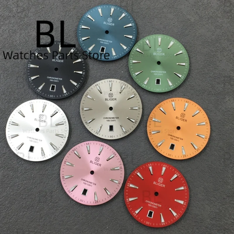 BLIGER 33.2 مللي متر ساعة الطلب 6o'clockSunburst التدرج الأسود المحيط الأزرق الأحمر الهاتفي مضيئة مناسبة ل NH35 ساعة يد تعمل بالحركة ملحق