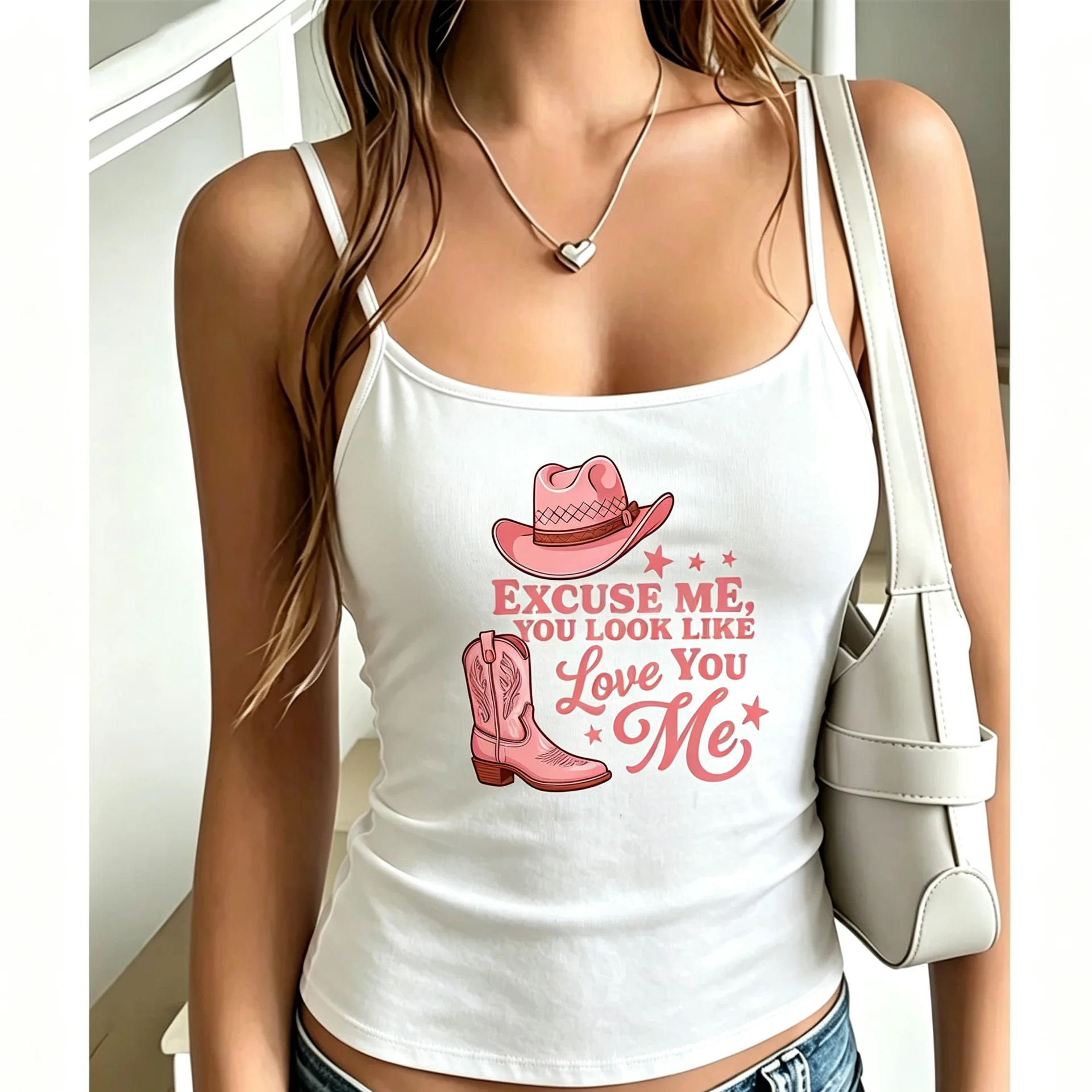 Pink Cowboy Hat And Boot Print Camisole Women Western Style Tank Top Cute Slogan Graphic Sleeveless Vest Trendy Fashion Top