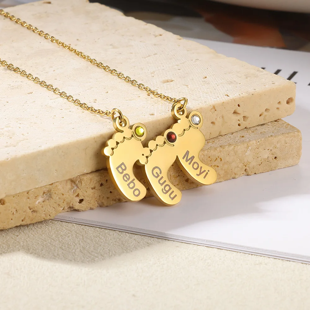 

Custom Baby Feet Necklace Babygirl Women Choker Gold Color Stainless Steel Engraved Name Date Birthstone Necklaces Mom Jewelry