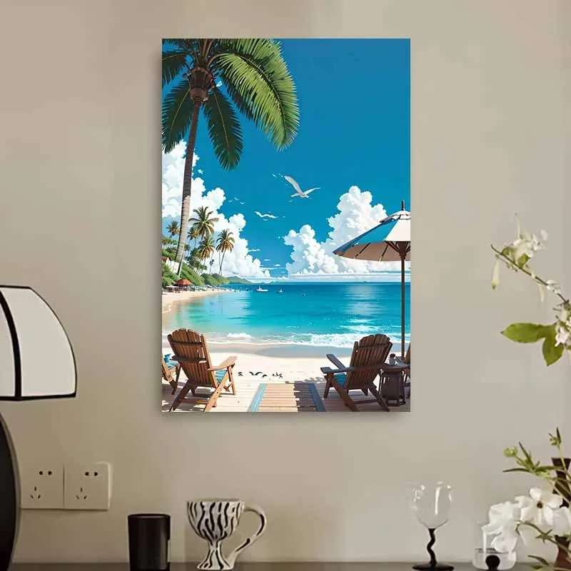 2D Flat, 2D Flat, 1pc Unframed Canvas Poster, Tropical Beach Palm Tree Canvas Painting, Blue Sky White Clouds Seagulls Flying