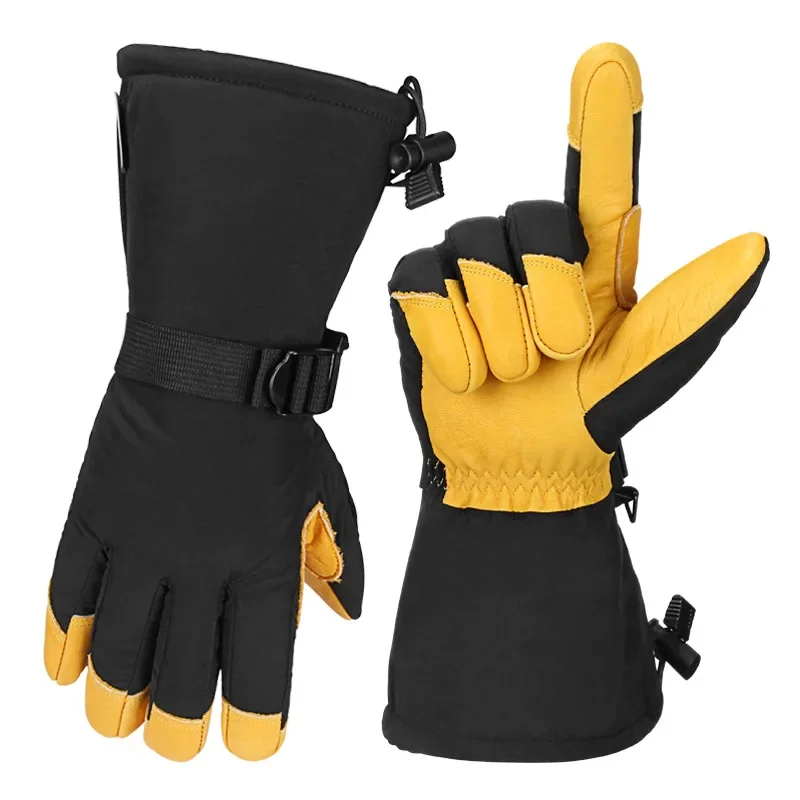 Winter Cowhide Mittens Men Women Ski Motorcycle Riding Gloves Mountain Bike Cycling Glove Windproof Waterproof Outdoor Sports