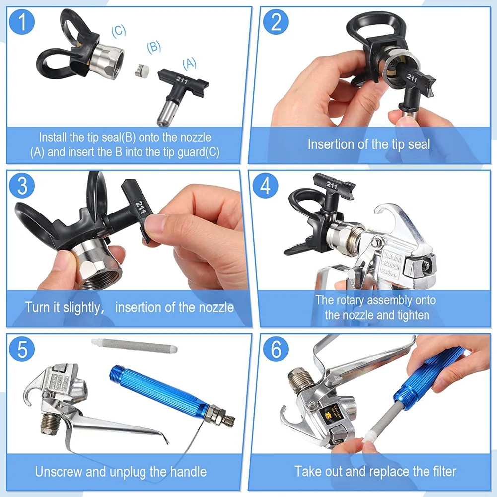 ABEZ 12PCS 에어리스 페인트 분무기 노즐 가드 포함 5개 스프레이 팁 및 5개 에어리스 페인트 스프레이 필터 에어리스 스프레이용