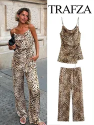 TRAFZA Women New Fashion Leopard Print Pant Suit Casual Crop Asymmetrical Belt Decorate Tops+Chic Drawstring Slim Wide Leg Pants