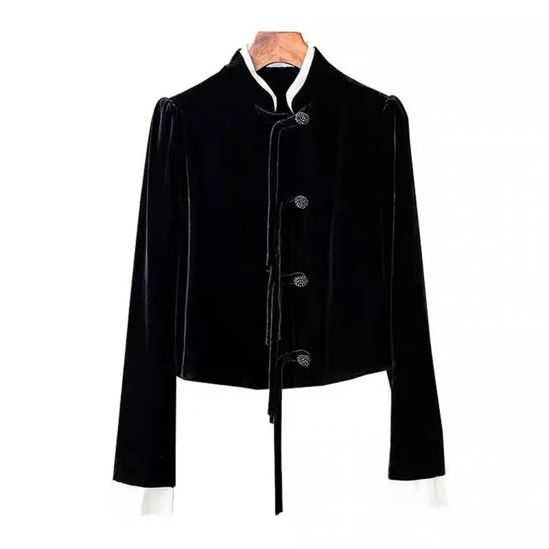 Women's Velvet Jacket Fashion Button Black Coat Autumn Winter Stand Collar Tassel Splicing Outwear Women Clothing