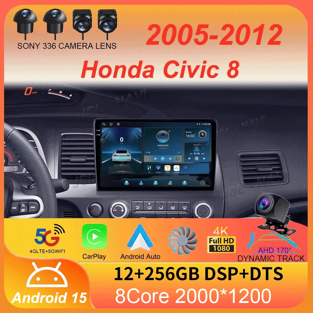 

Car Stereo Radio f9" Android 15 Carplay For Honda Civic 8 2005 - 2012 Multimedia Player Navigation GPS 2 Din 4G WIFI Audio DVD